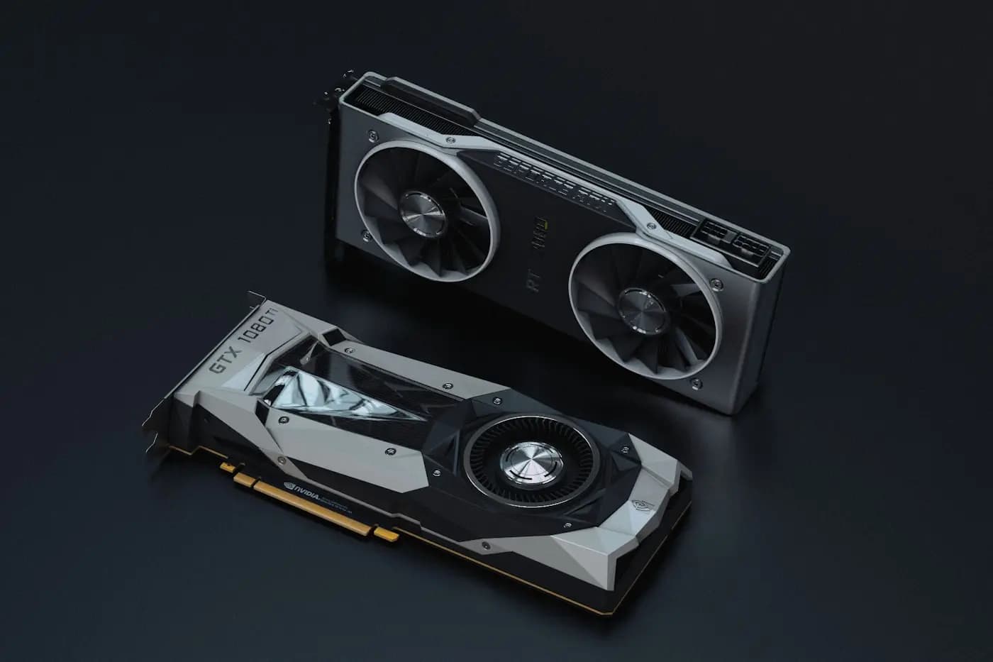 Graphics cards on a dark background.