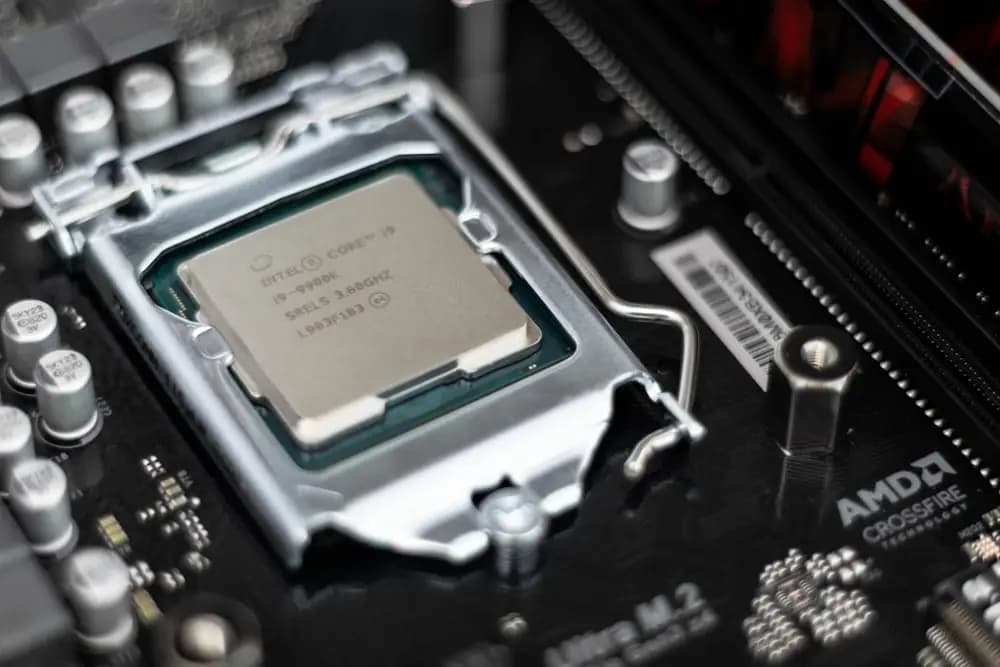 A processor seated in a motherboard socket.